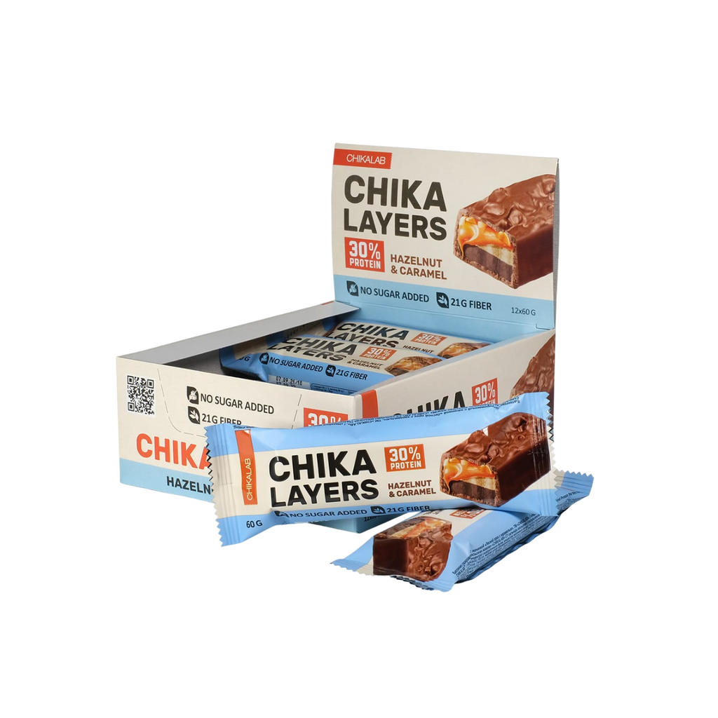 CHIKALAB Chocolate covered protein bar with filling Hazelnut With Caramel 60g x 12